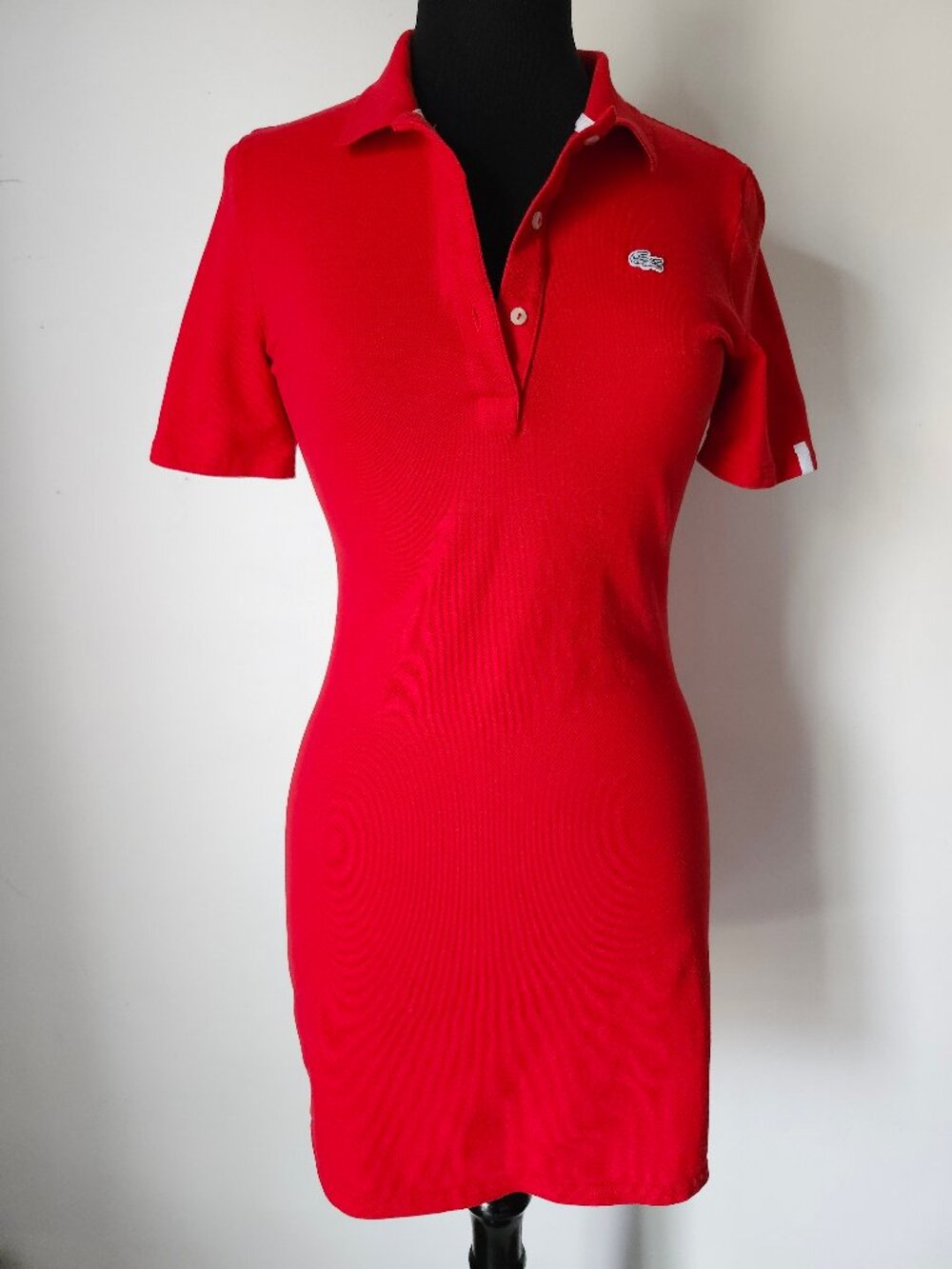 Lacoste Paris, France Preppy Red Pique Cotton Polo Shirt Dress White Buttons